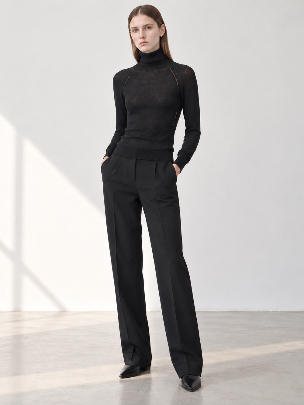 Jil Sander Black Fine Knit Ladder Seam Turtleneck Sweater Size 38 Italy